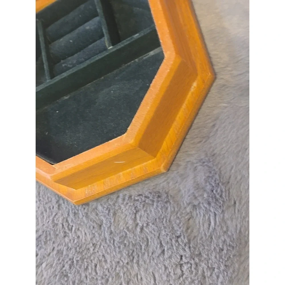 VTG Wooden Octagon Jewelry Box Floral Etched Glass Lid Mirror Inset Small‎ 70s